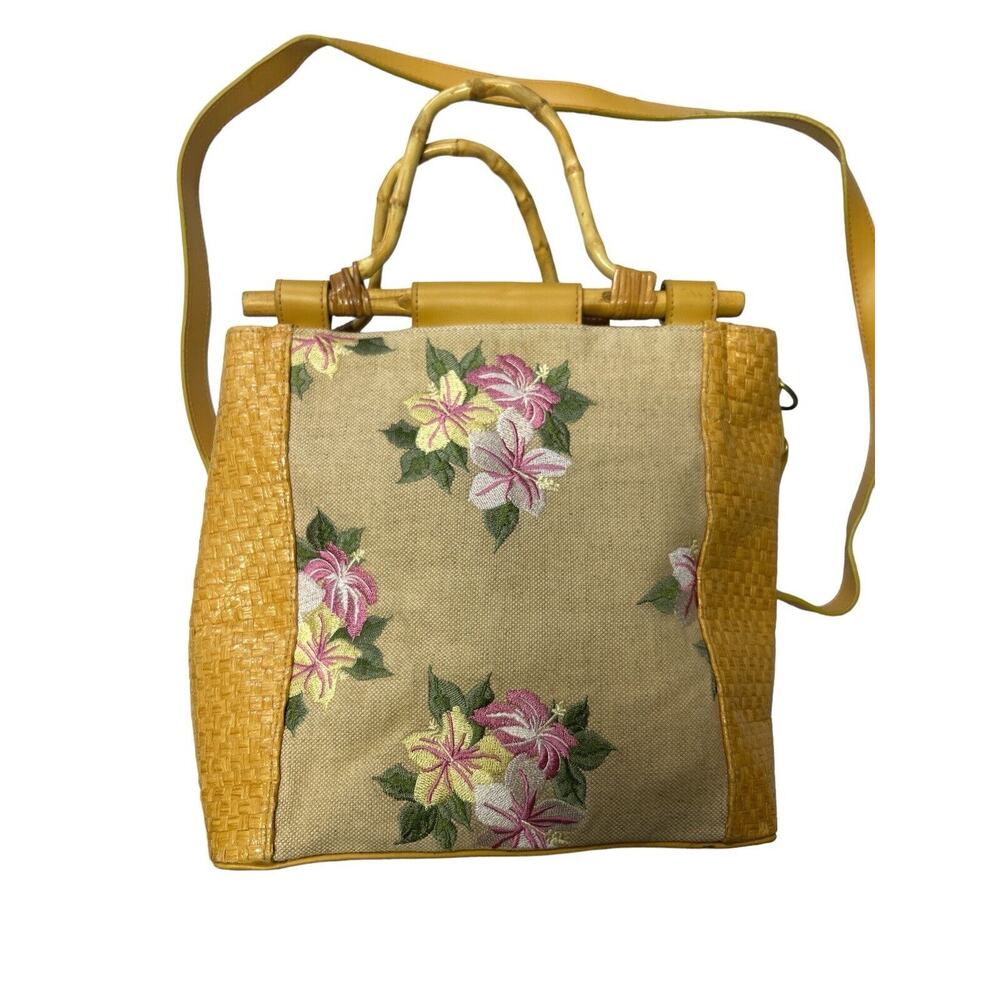 Unbranded medium sized yellow tropical floral and bamboo purse w shoulder strap - Picture 2 of 5